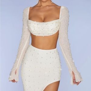 Oh Polly pearl two piece skirt and crop top in ivory